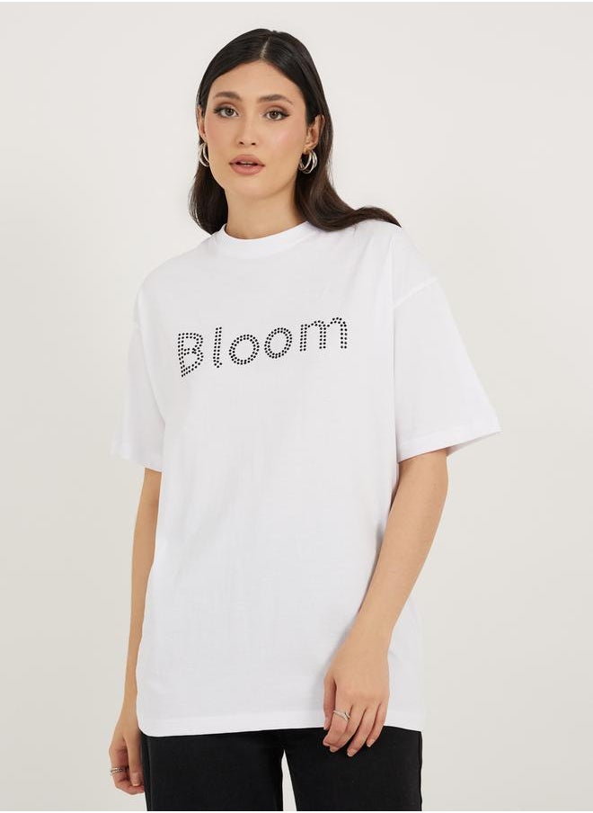 Oversized Rhinestone Embellished Slogan T-Shirtâ€‹