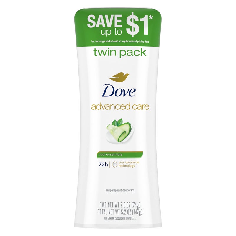 Dove Advanced Care Anti Deo Stick Cool Essentials Twin Pack for helping your skin barrier repair after shaving 72 h odor control and all-day sweat protection with Pro Ceramide Technology 2.6 oz - Image 1