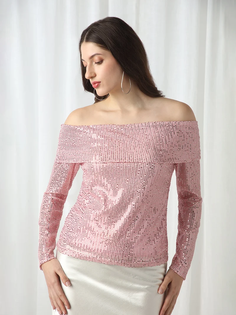 Globus Women Pink Off Shoulder Long Sleeves Embellished Party Top