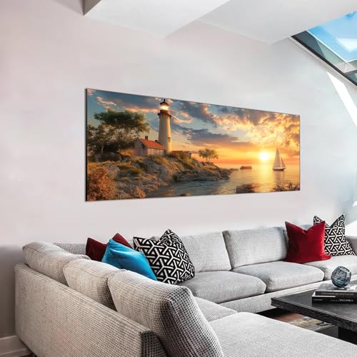 VAIIEYO Large Diamond Art Kits for Adults Lighthouse Diamond Art Sunset Large Diamond Painting Kits Full Drill Round Rhinestone Craft Canvas for Home Wall Decor Gift 118x315 inch - Image 1