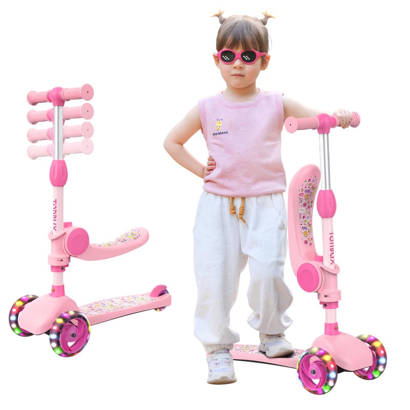 TONBUX Kids Scooter with Seat, 3 Wheels Scooter with PU Luminous Wheels, Non-Slip Handle and Wide Deck, Sensitive Brakes, 4-Level Adjustable Height, Scooters for Kids 2â€“8 Years Pink - Image 1