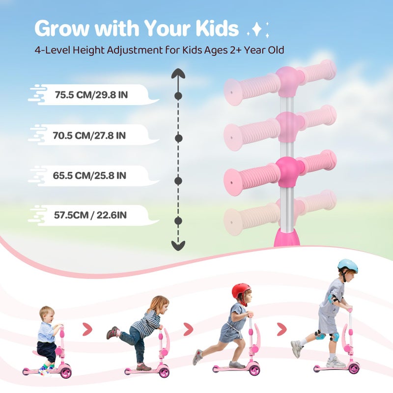 TONBUX Kids Scooter with Seat, 3 Wheels Scooter with PU Luminous Wheels, Non-Slip Handle and Wide Deck, Sensitive Brakes, 4-Level Adjustable Height, Scooters for Kids 2â€“8 Years Pink - Image 3