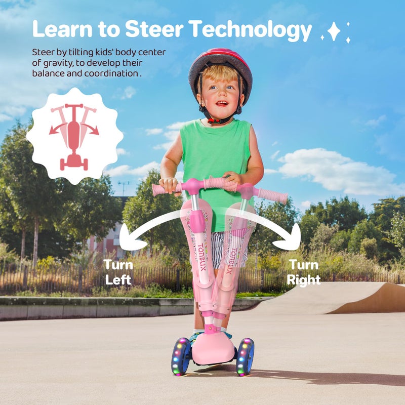 TONBUX Kids Scooter with Seat, 3 Wheels Scooter with PU Luminous Wheels, Non-Slip Handle and Wide Deck, Sensitive Brakes, 4-Level Adjustable Height, Scooters for Kids 2â€“8 Years Pink - Image 4