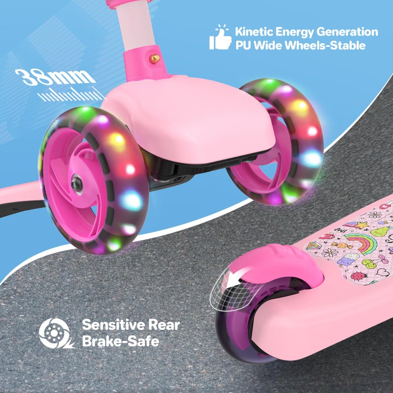 TONBUX Kids Scooter with Seat, 3 Wheels Scooter with PU Luminous Wheels, Non-Slip Handle and Wide Deck, Sensitive Brakes, 4-Level Adjustable Height, Scooters for Kids 2â€“8 Years Pink - Image 5