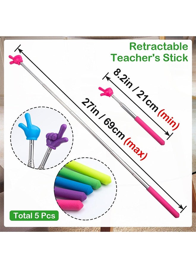 5 Pcs Retractable Teacher Pointer Sticks, 5 Colors Hand Pointer Stick, Student Finger Pointing Sticks, Extendable School Supplies for Reading, Classroom