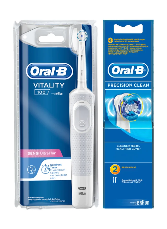 Oral-B Vitality D100 Cls Sensi Ultrathin Rechargeable Toothbrush + Eb 20-2 Brush Head Bundle