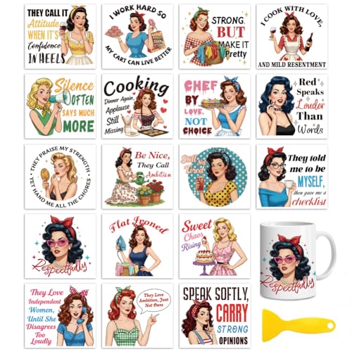 Peacoblue 18 Sheets Rub on Transfers for Crafts, Women with Humorous Quotes 3.6"x3.9" UV DTF Cup Wraps Waterproof Rub on Cold Transfers Stickers for Wood Glass Metal Cup Tumblers Mirrors Mugs Decor - Image 1