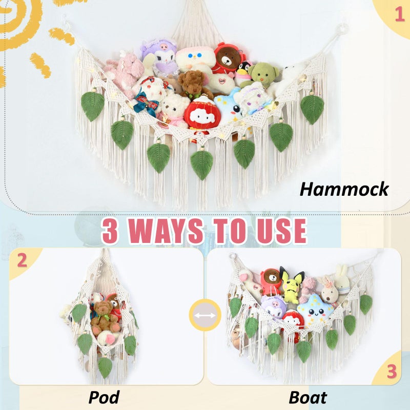 Dekafri Stuffed Animal Hammock Corner Plushie Net for Stuffed Animals Storage Wall-Mounted Net Toy Storage Organizer Kids Room Storage Organizer for Bedroom Macrame Stuffed Animals Toys Hammock (White, L) - Image 3