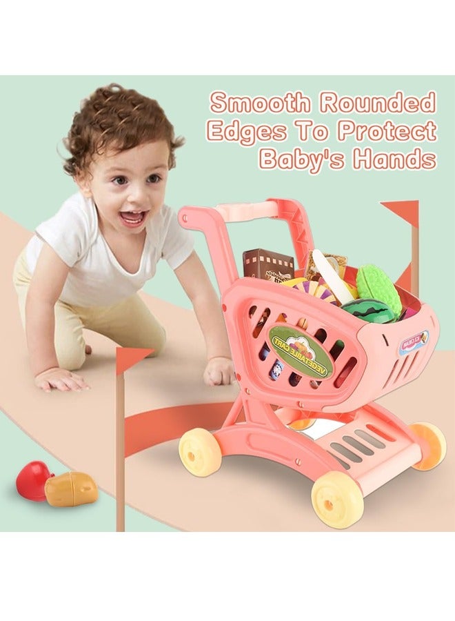 kids Shopping Cart Trolley Play , Mini Grocery Shopping Cart Trolley Toy with Food Fruit Vegetables,Play Kitchen,Pretend to Play Role Play Educational Gift for Ages 3+ Toddlers - Image 2