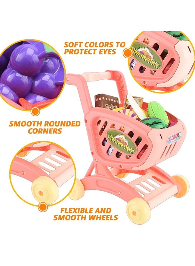 kids Shopping Cart Trolley Play , Mini Grocery Shopping Cart Trolley Toy with Food Fruit Vegetables,Play Kitchen,Pretend to Play Role Play Educational Gift for Ages 3+ Toddlers - Image 3