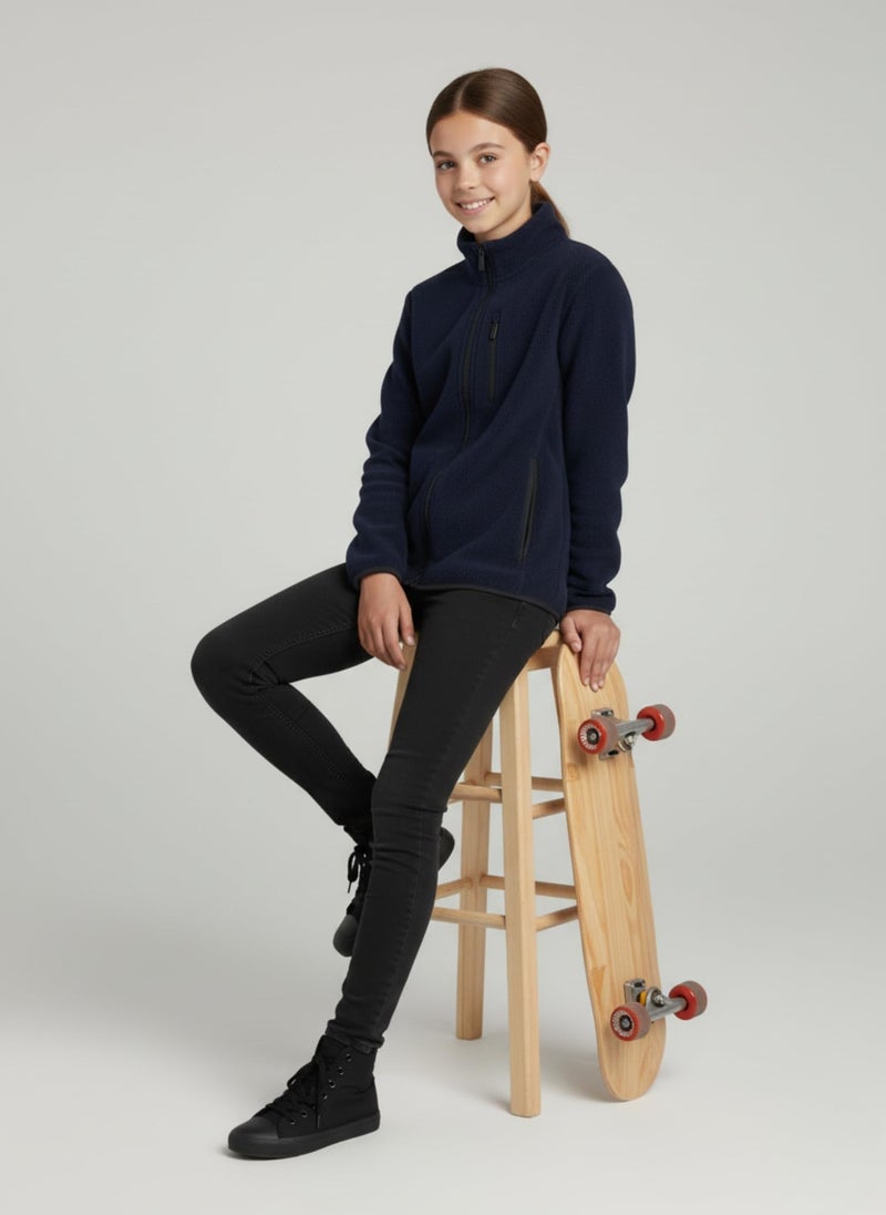 Alan Jones Clothing Girl's Fleece Full-Zip Jacket | Soft, Warm & Lightweight Winter Wear | High Collar with Piping at Hem & Sleeves (6-7 Years_Navy) - Image 5