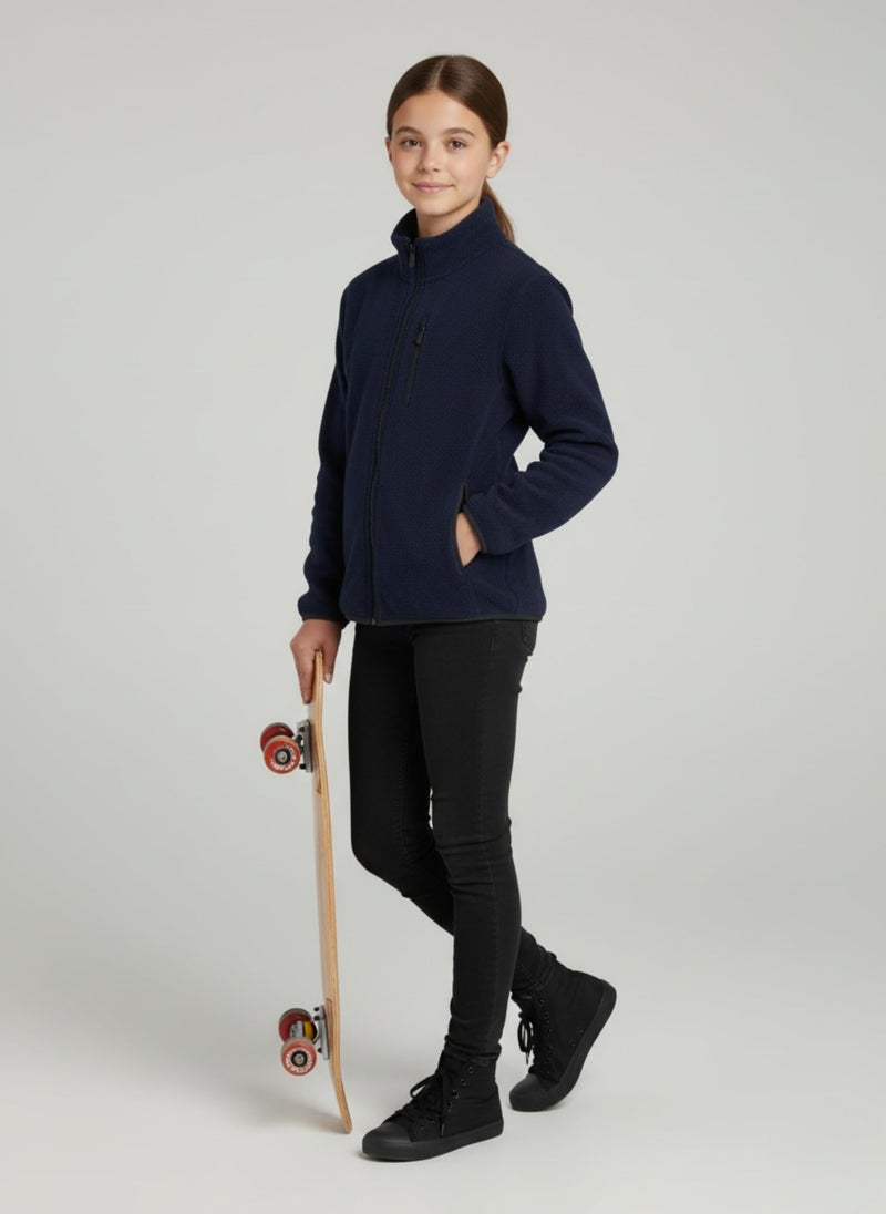 Alan Jones Clothing Girl's Fleece Full-Zip Jacket | Soft, Warm & Lightweight Winter Wear | High Collar with Piping at Hem & Sleeves (6-7 Years_Navy) - Image 4