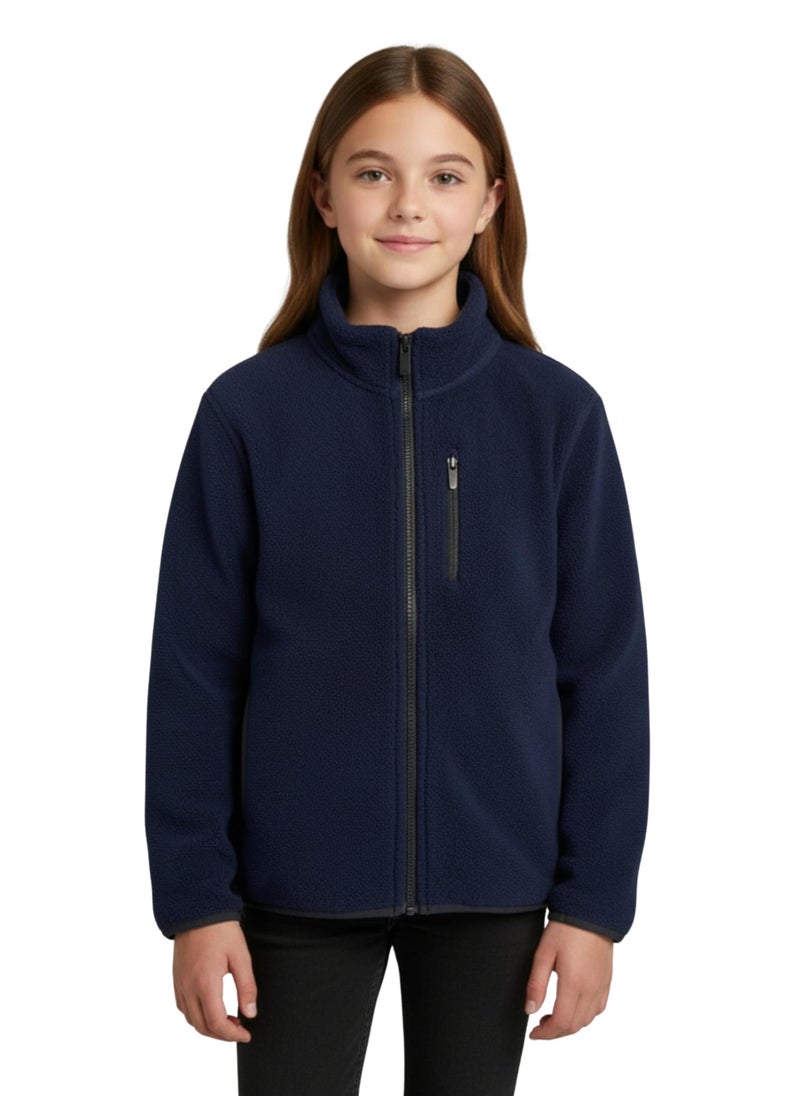 Alan Jones Clothing Girl's Fleece Full-Zip Jacket | Soft, Warm & Lightweight Winter Wear | High Collar with Piping at Hem & Sleeves (6-7 Years_Navy) - Image 1