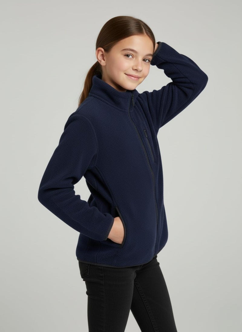 Alan Jones Clothing Girl's Fleece Full-Zip Jacket | Soft, Warm & Lightweight Winter Wear | High Collar with Piping at Hem & Sleeves (6-7 Years_Navy) - Image 3