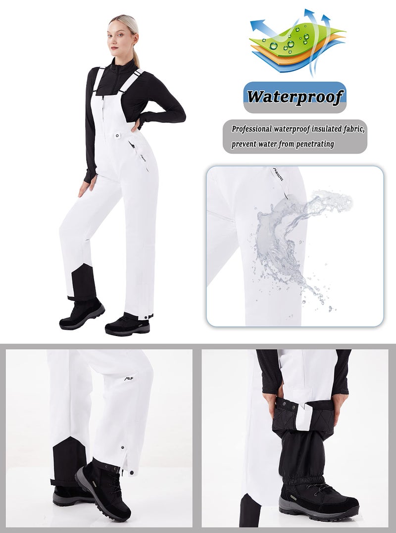 WULFUL Womens Insulated Snow Bibs Waterproof Winter Ski Pants Snowboarding Overalls White - Image 5