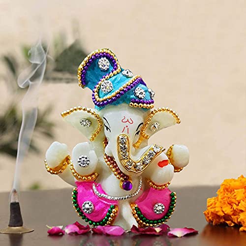 Karigaari India Ganesha Murti Idol for Car Dashboard Home Decor Multicolor Ceramic Ganpati Statue Vinayagar Showpiece Dashboard Idol Spiritual Gift Item for Ganesh Chaturthi 3x2x3 Inches - Image 1