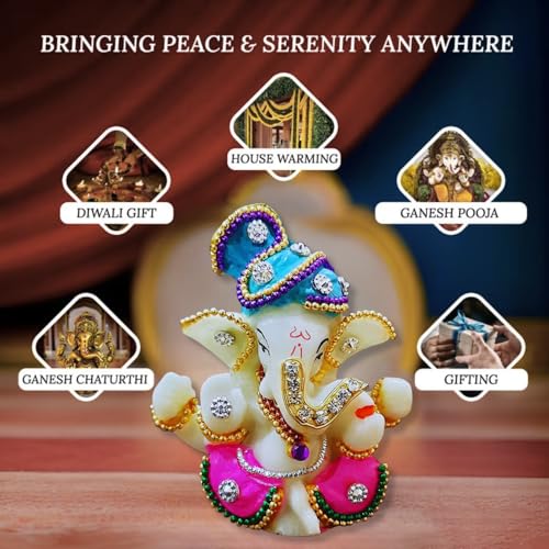 Karigaari India Ganesha Murti Idol for Car Dashboard Home Decor Multicolor Ceramic Ganpati Statue Vinayagar Showpiece Dashboard Idol Spiritual Gift Item for Ganesh Chaturthi 3x2x3 Inches - Image 4