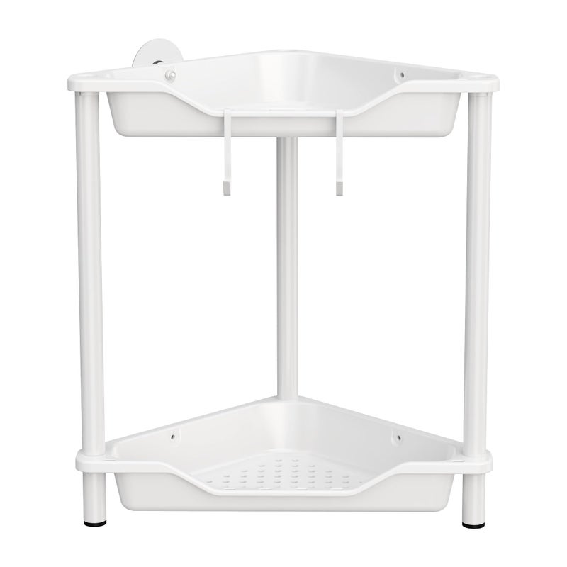 Orimade Rustproof 2 Tier Floor Standing Corner Shower Caddy Organizer Plastic Metal Splicing Floor Corner Shelf Rack Stands for Bathroom White