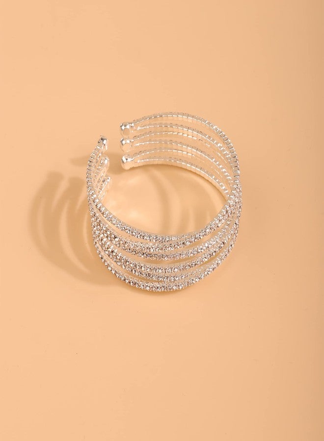 يرتير أساور YERTTER متعددة الصفوف مزينة بالترتر، سوار مطاطي، سلسلة تنس، أحجار الراين، سوار قابل للتعديل، سوار مطاطي، إكسسوارات مجوهرات الجسم للعرائس من عشرينيات القرن الماضي للنساء والفتيات لحفلات الزفاف (سوار - 3 صفوف متقاطعة فضية) - Image 5