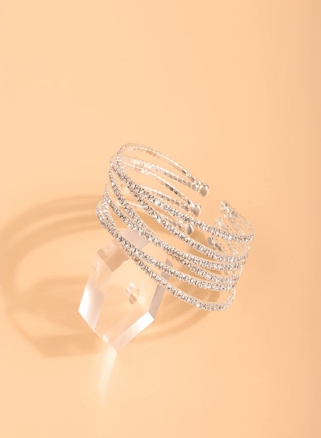 يرتير أساور YERTTER متعددة الصفوف مزينة بالترتر، سوار مطاطي، سلسلة تنس، أحجار الراين، سوار قابل للتعديل، سوار مطاطي، إكسسوارات مجوهرات الجسم للعرائس من عشرينيات القرن الماضي للنساء والفتيات لحفلات الزفاف (سوار - 3 صفوف متقاطعة فضية) - Image 4