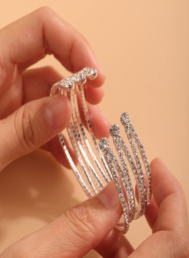 يرتير أساور YERTTER متعددة الصفوف مزينة بالترتر، سوار مطاطي، سلسلة تنس، أحجار الراين، سوار قابل للتعديل، سوار مطاطي، إكسسوارات مجوهرات الجسم للعرائس من عشرينيات القرن الماضي للنساء والفتيات لحفلات الزفاف (سوار - 3 صفوف متقاطعة فضية) - Image 3