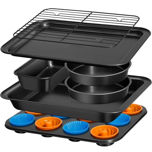 Ymiton Nonstick Baking Pans Set 19 PCS Stackable Bakeware Sets Oven Pan Set Includes Baking Tray Cookie Sheet Cake Pans Loaf Pan Muffin Pan Silicone Cups - Image 1