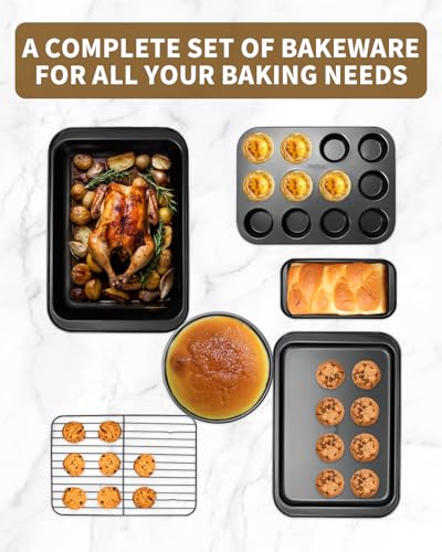 Ymiton Nonstick Baking Pans Set 19 PCS Stackable Bakeware Sets Oven Pan Set Includes Baking Tray Cookie Sheet Cake Pans Loaf Pan Muffin Pan Silicone Cups - Image 3