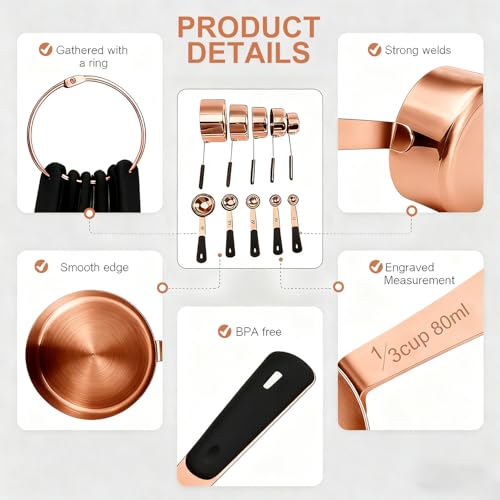 Bopei Measuring Cups and Spoons Set, Rose Gold Plated Stainless Steel 10 Piece for Cooking and Baking (5 Cups + 5 Spoons RoseGold) - Image 3