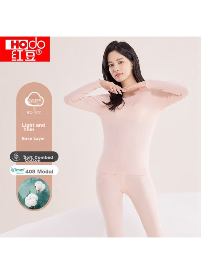 hongdou Hongdou Women's Pure Cotton Round Neck Thermal Underwear Set, Thin Versatile Base Layer For Autumn, Smoke Pink, Size 160  - Image 1