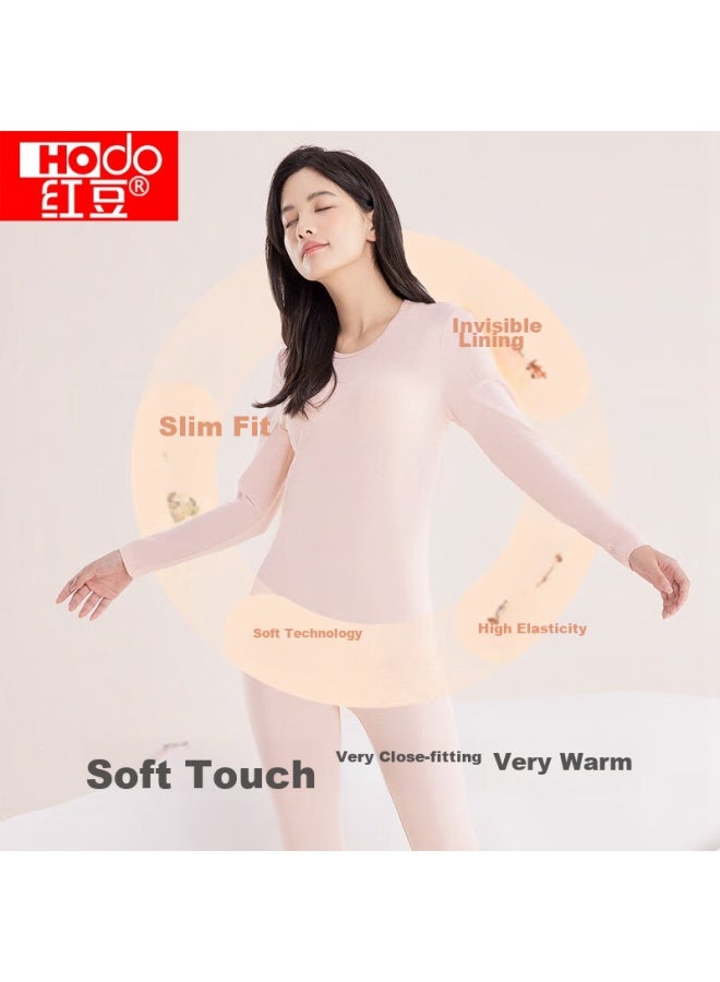 hongdou Hongdou Women's Pure Cotton Round Neck Thermal Underwear Set, Thin Versatile Base Layer For Autumn, Smoke Pink, Size 160  - Image 2