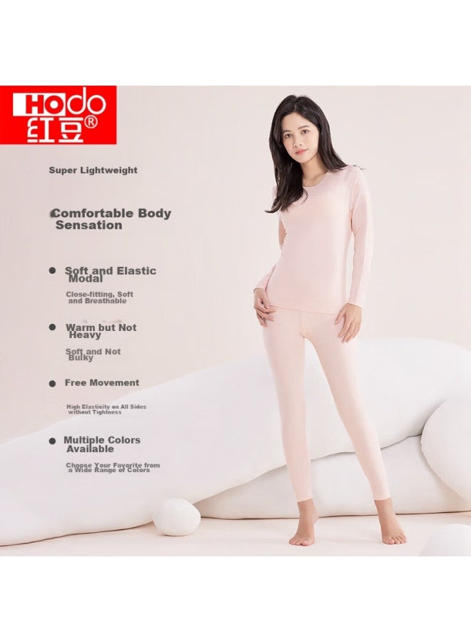 hongdou Hongdou Women's Pure Cotton Round Neck Thermal Underwear Set, Thin Versatile Base Layer For Autumn, Smoke Pink, Size 160  - Image 3