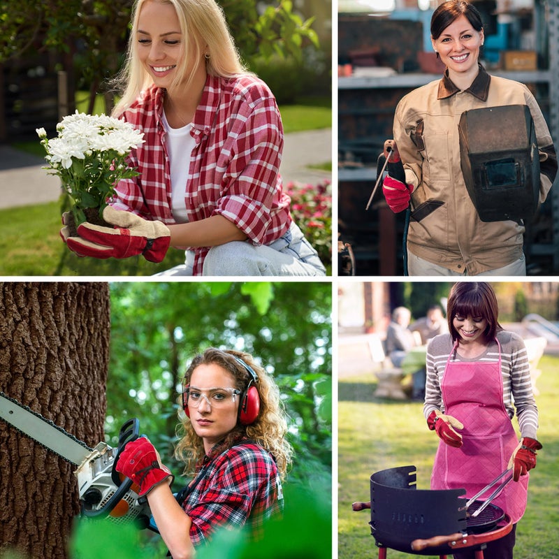 WZQH Leather Work Gloves for Women, Medium Glove for Gardening, Tig/Mig Welding, Construction, Chainsaw, Farm, Ranch, etc. Cowhide, Cotton Lined, Utility, Firm Grip, Durable. Rose Red - Grey M - Image 4