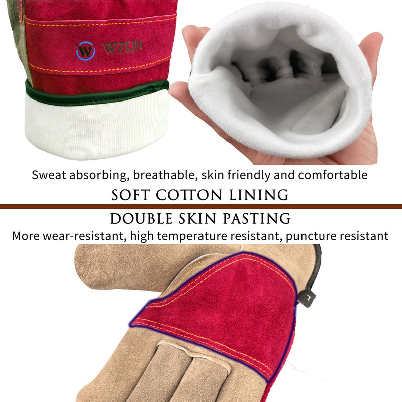 WZQH Leather Work Gloves for Women, Medium Glove for Gardening, Tig/Mig Welding, Construction, Chainsaw, Farm, Ranch, etc. Cowhide, Cotton Lined, Utility, Firm Grip, Durable. Rose Red - Grey M - Image 2