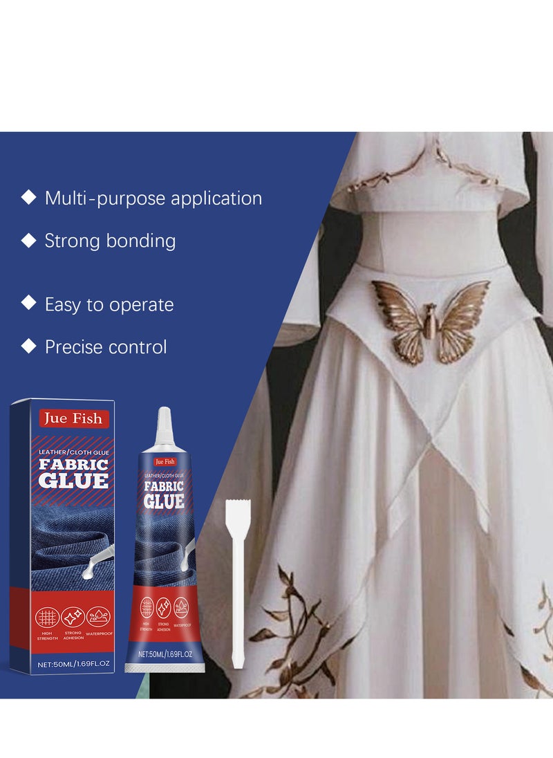 JUE-FISH - Fabric Glue Permanent 50 ml, Fabric Glue for Patch, Clear Fabric Glue for Clothing Permanent Washable, Leather Glue for All Fabrics, Cotton, Denim, Flannel, Polyester - Image 1