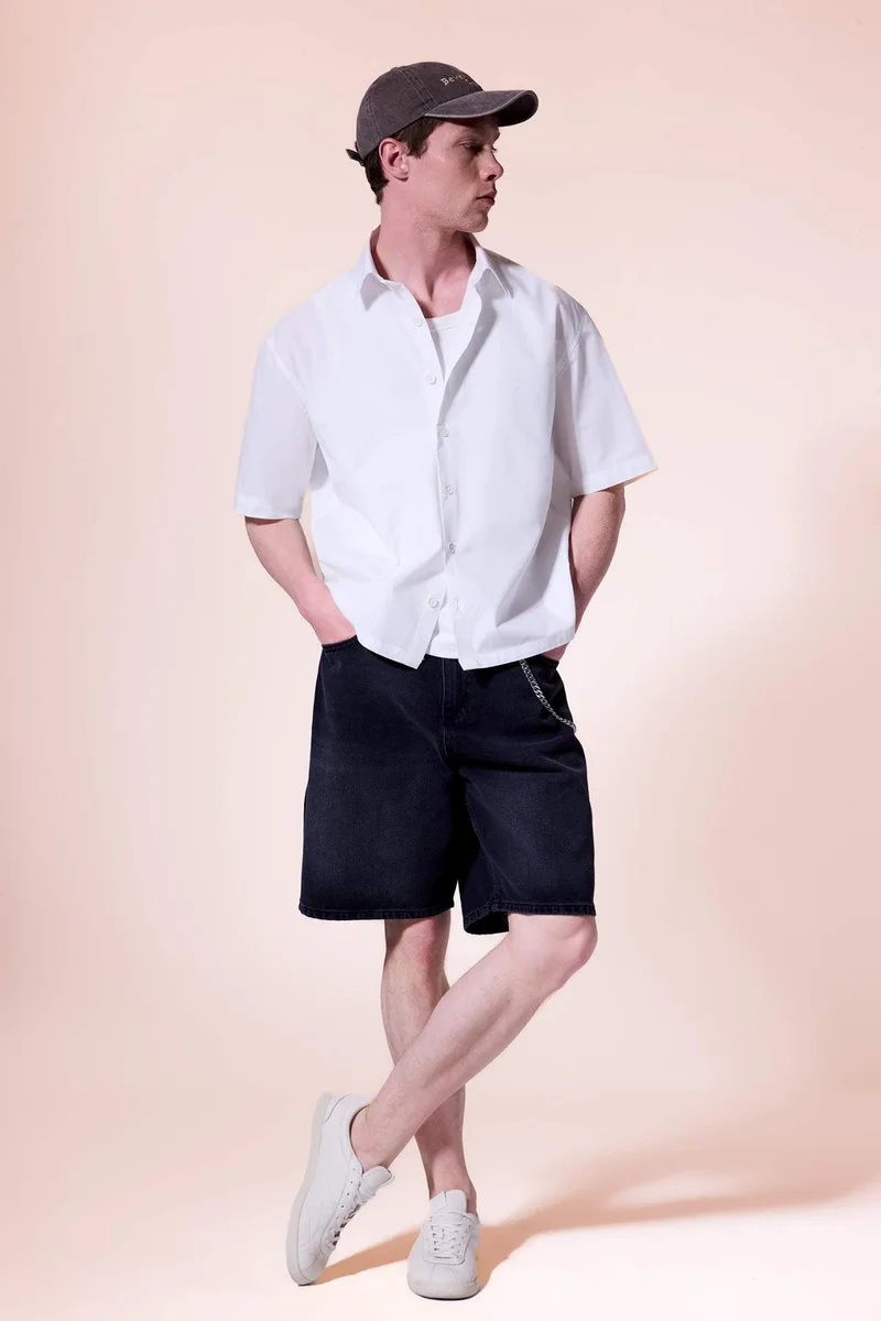 DeFacto Boxy Fit Shirt Collar Printed Poplin Short Sleeve Shirt