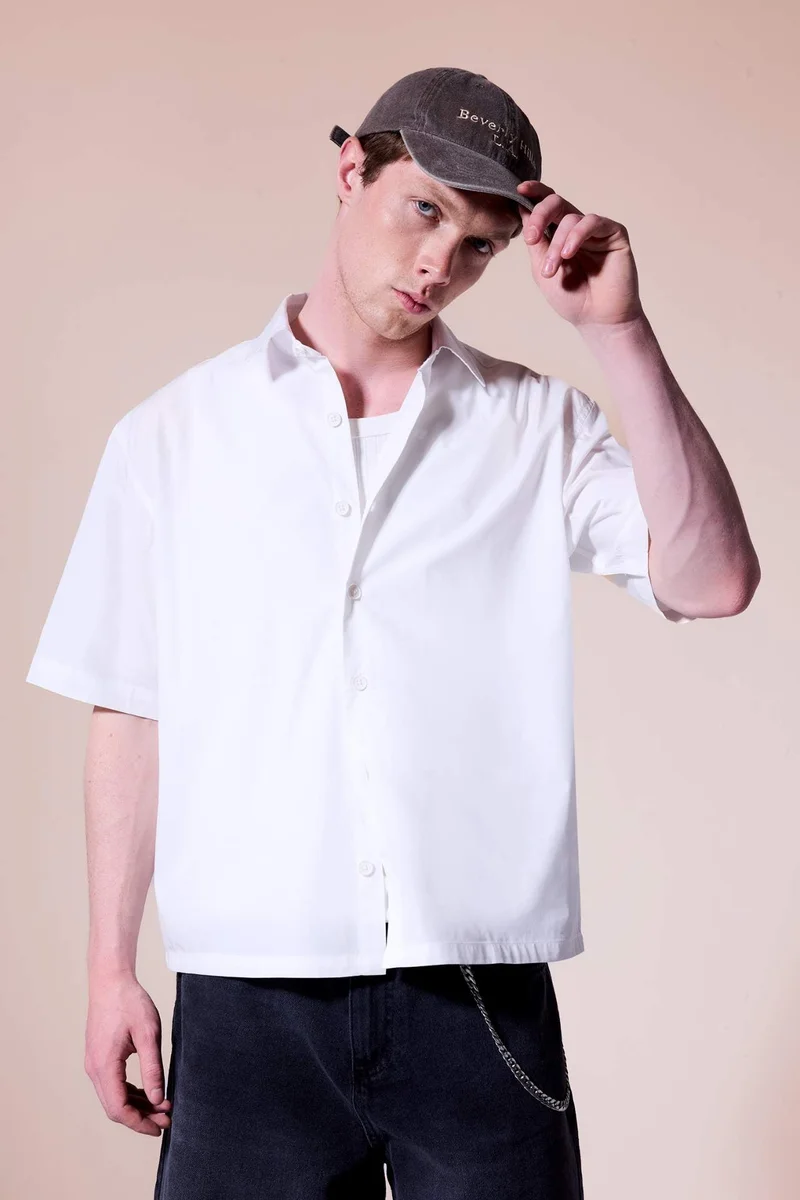 DeFacto Boxy Fit Shirt Collar Printed Poplin Short Sleeve Shirt