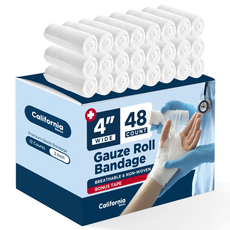 California Basics 48-Pack Gauze Bandage Roll with Tape, 4 Inches x 4 Yards - Soft, Stretchable & Breathable Wrap for Wound Care, First Aid & Medical Supplies - White - Image 1