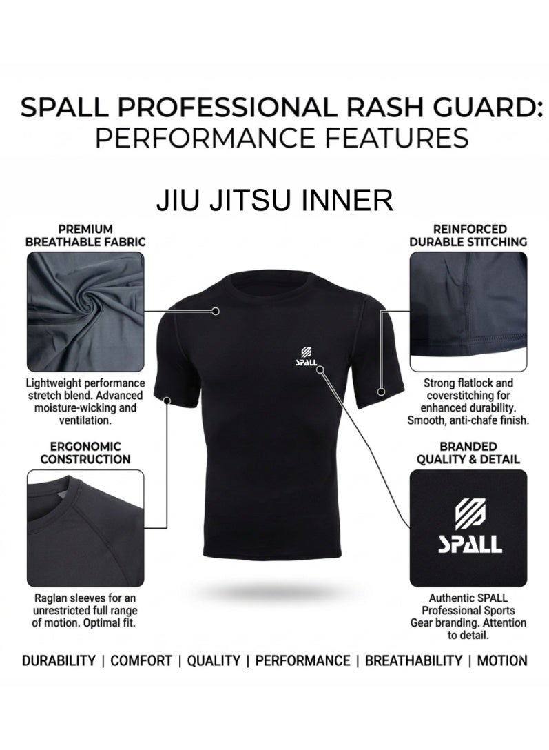 Spall Essential Short Sleeve Compression Rash Guard for Men MMA BJJ Wrestling Jiu Jitsu Training Base Layer Gym Workout Compression Shirt Black - Image 3