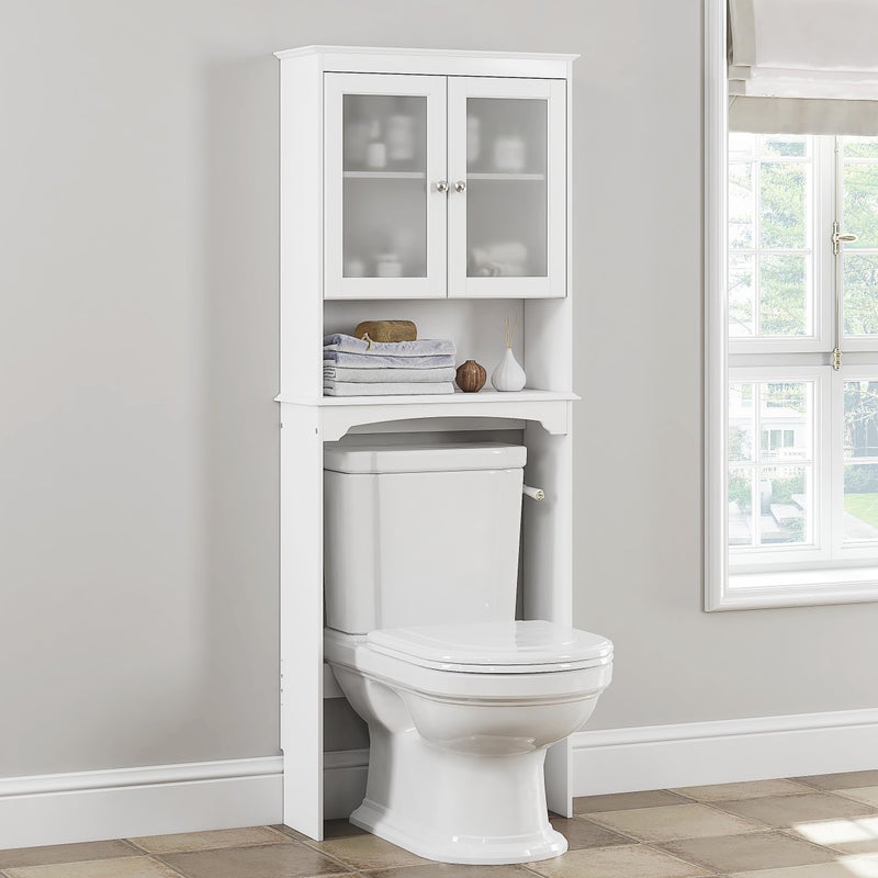 Spirich Over The Toilet Storage Cabinet Above Toilet Storage Shelf with Glass Doors Behind Toilet Bathroom Organizer White