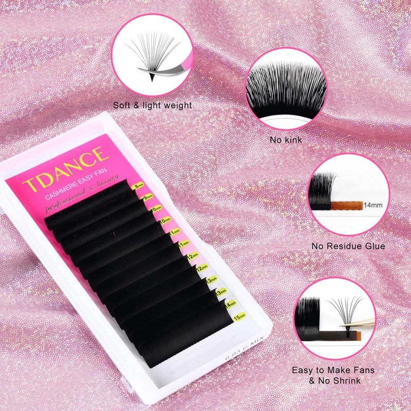 TDANCE Cashmere Easy Fan Lash Extensions Self Fanning Volume Lash Extension D Curl 0.07mm 14-19mm Matte Black Mega Volume Eyelash Extensions(0.07-D,14-19mm) - Image 2