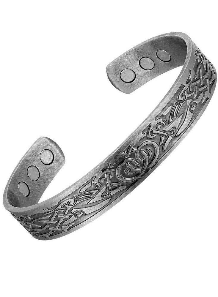 Vintage Silver Tone Magnetic Bracelet - Celtic Knot Engraved Adjustable Copper Cuff - Image 1