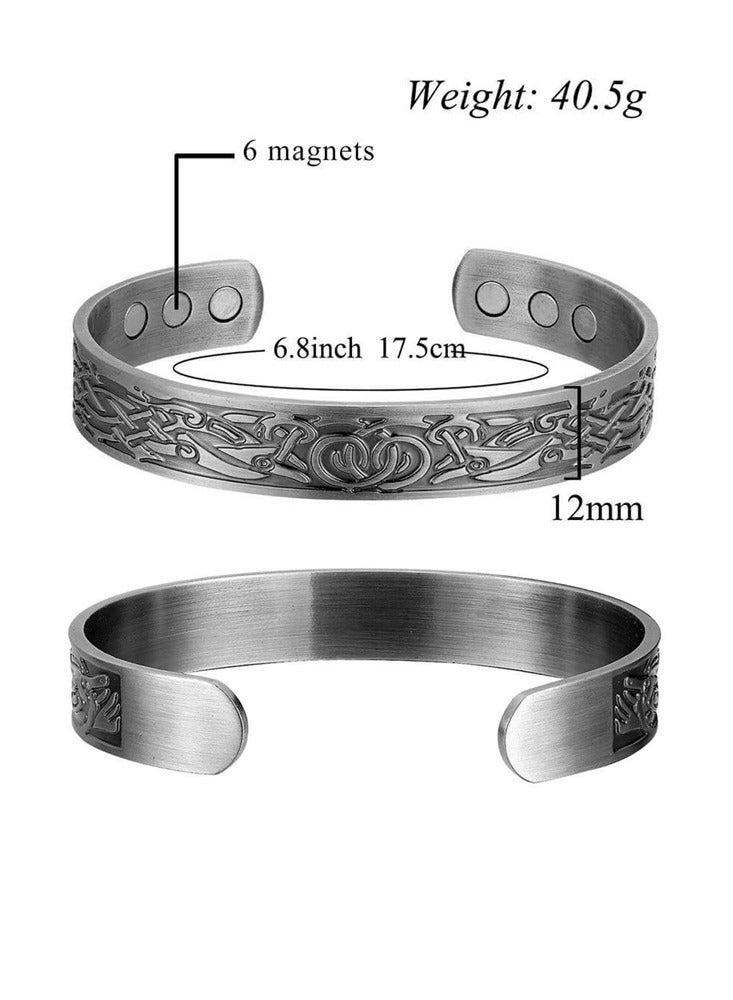 Vintage Silver Tone Magnetic Bracelet - Celtic Knot Engraved Adjustable Copper Cuff - Image 2