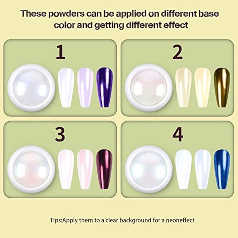 ارتدون 4 برطمانات من مسحوق طلاء الاظافر من الكروم بتاثير عاكس معدني بالوان قوس قزح، ملمع اظافر اورورا بنمط حورية البحر واللؤلؤ الابيض، مجموعة غبار لتلميع الاظافر وتزيين الاظافر والحرف اليدوية من - Image 5