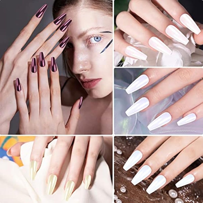 ارتدون 4 برطمانات من مسحوق طلاء الاظافر من الكروم بتاثير عاكس معدني بالوان قوس قزح، ملمع اظافر اورورا بنمط حورية البحر واللؤلؤ الابيض، مجموعة غبار لتلميع الاظافر وتزيين الاظافر والحرف اليدوية من - Image 4