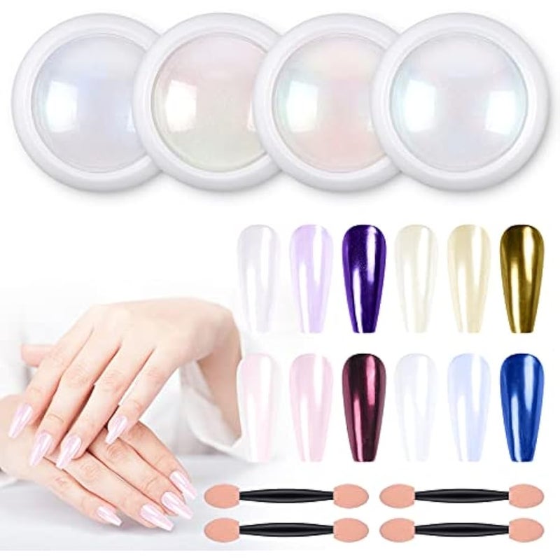 ارتدون 4 برطمانات من مسحوق طلاء الاظافر من الكروم بتاثير عاكس معدني بالوان قوس قزح، ملمع اظافر اورورا بنمط حورية البحر واللؤلؤ الابيض، مجموعة غبار لتلميع الاظافر وتزيين الاظافر والحرف اليدوية من - Image 1