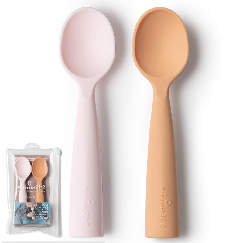Miniware Silicone Baby Spoon For Training - Bpa Free Baby Utensils - Baby Spoons Self Feeding 6 Months | 100% Food Grade Silicone - Modern & Dishwasher Safe Toddler Spoons (Cotton Candy And Toffee) - Image 1