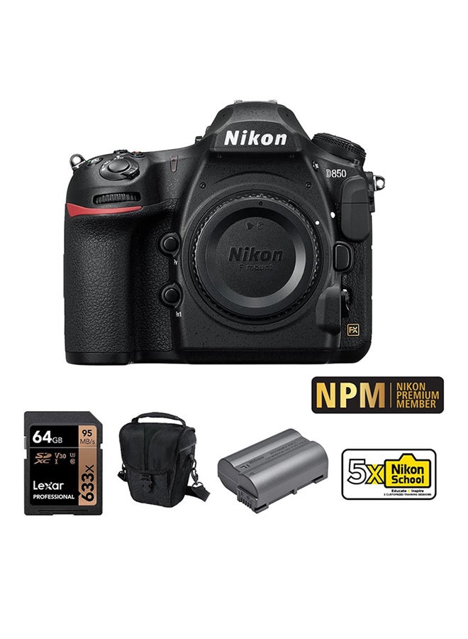 نيكون هيكل كاميرا رقمية بعدسة أحادية عاكسة نيكون D850 + بطارية EN-EL15B + حافظة + بطاقة 64 جيجابايت + عضوية نيكون بريميوم + 5 محاضرات تعليمية من مدرسة نيكون - Image 1