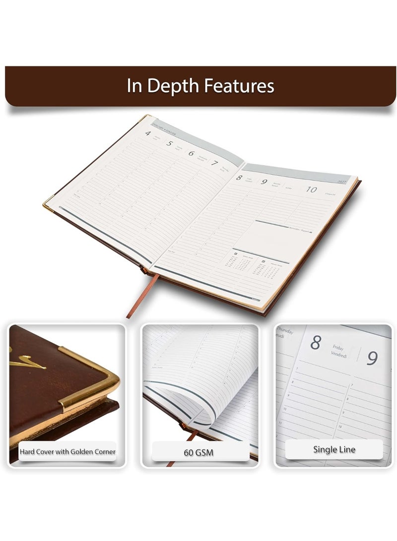 FIS 2027 Executive Diary, Size 210x260mm, Golden Edition, Hard Cover Vinyl, 1 Side Padded, Gold Gilded Edges, Round Corners, English/French, 70gsm White Paper, Chocolate Cover-FSDI32EG27CH - Image 5