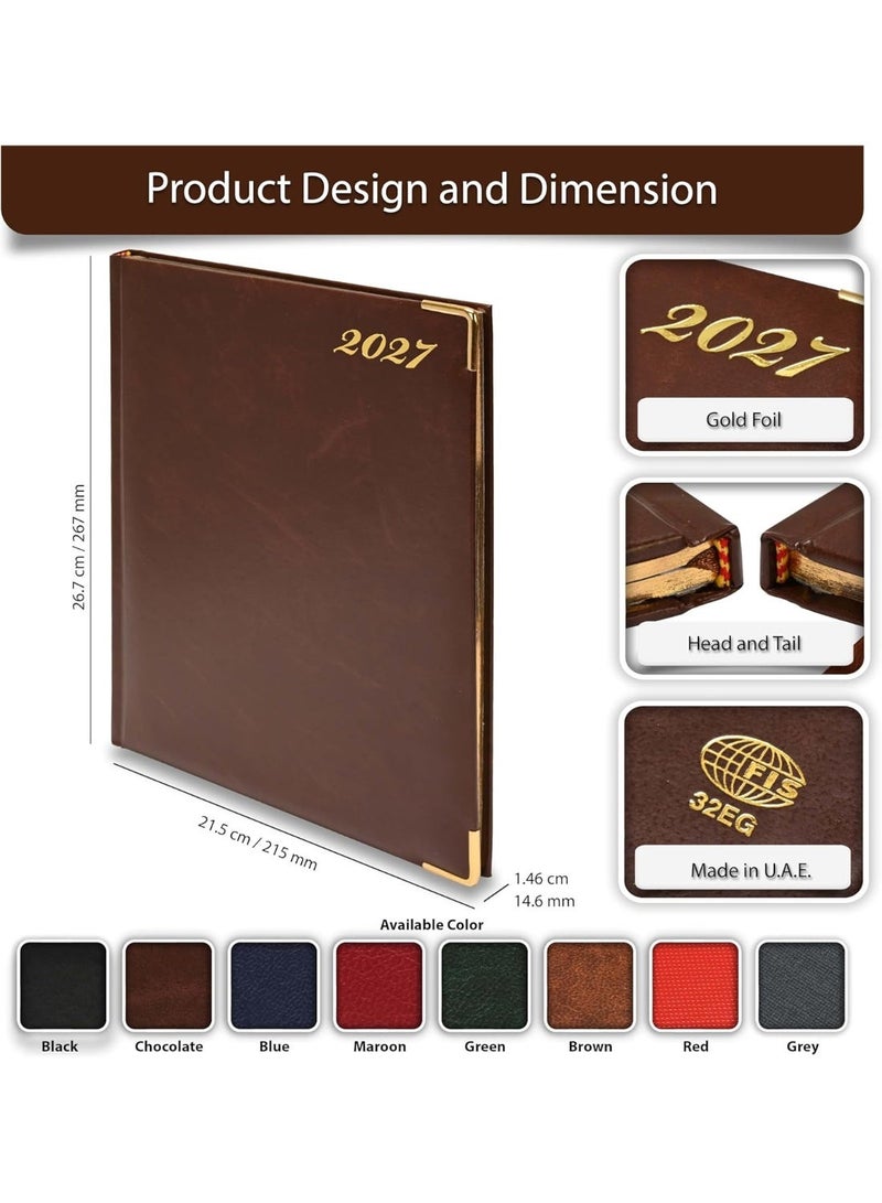FIS 2027 Executive Diary, Size 210x260mm, Golden Edition, Hard Cover Vinyl, 1 Side Padded, Gold Gilded Edges, Round Corners, English/French, 70gsm White Paper, Chocolate Cover-FSDI32EG27CH - Image 3