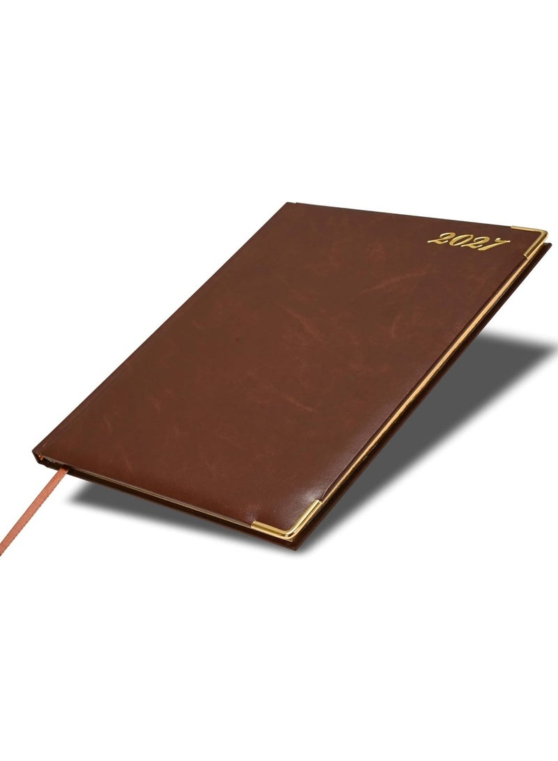 FIS 2027 Executive Diary, Size 210x260mm, Golden Edition, Hard Cover Vinyl, 1 Side Padded, Gold Gilded Edges, Round Corners, English/French, 70gsm White Paper, Chocolate Cover-FSDI32EG27CH - Image 1